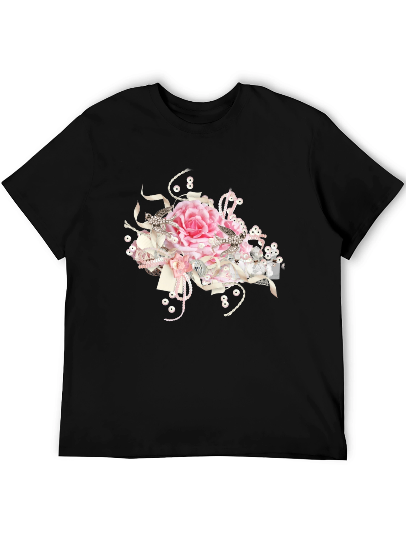 Black Tee with Floral Embellishment