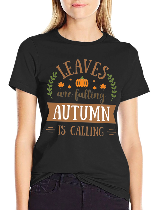 Autumn Calling Graphic Tee - Fall Leaves & Pumpkin Shirt