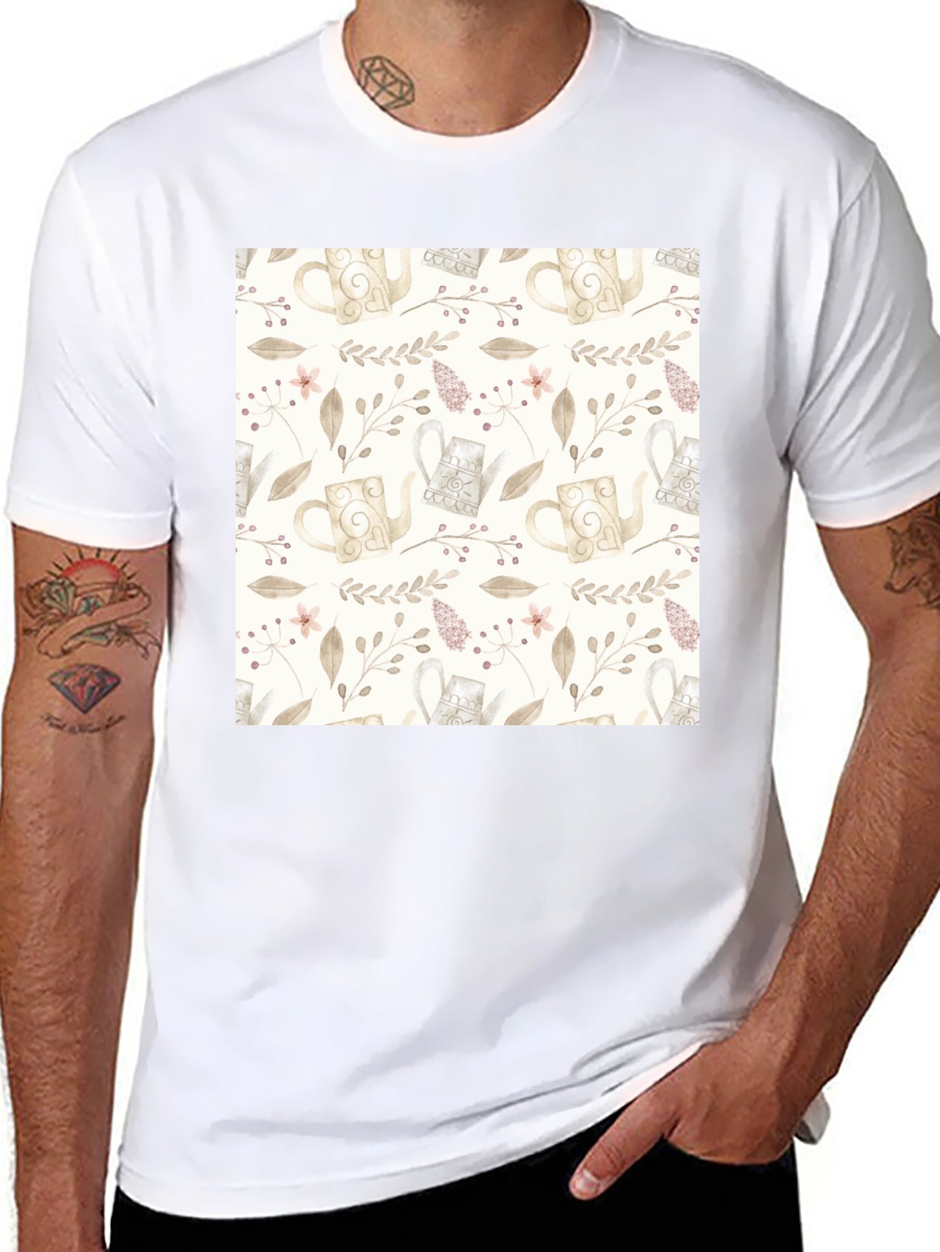 Elegant Floral Teapot Pattern Black T-Shirt