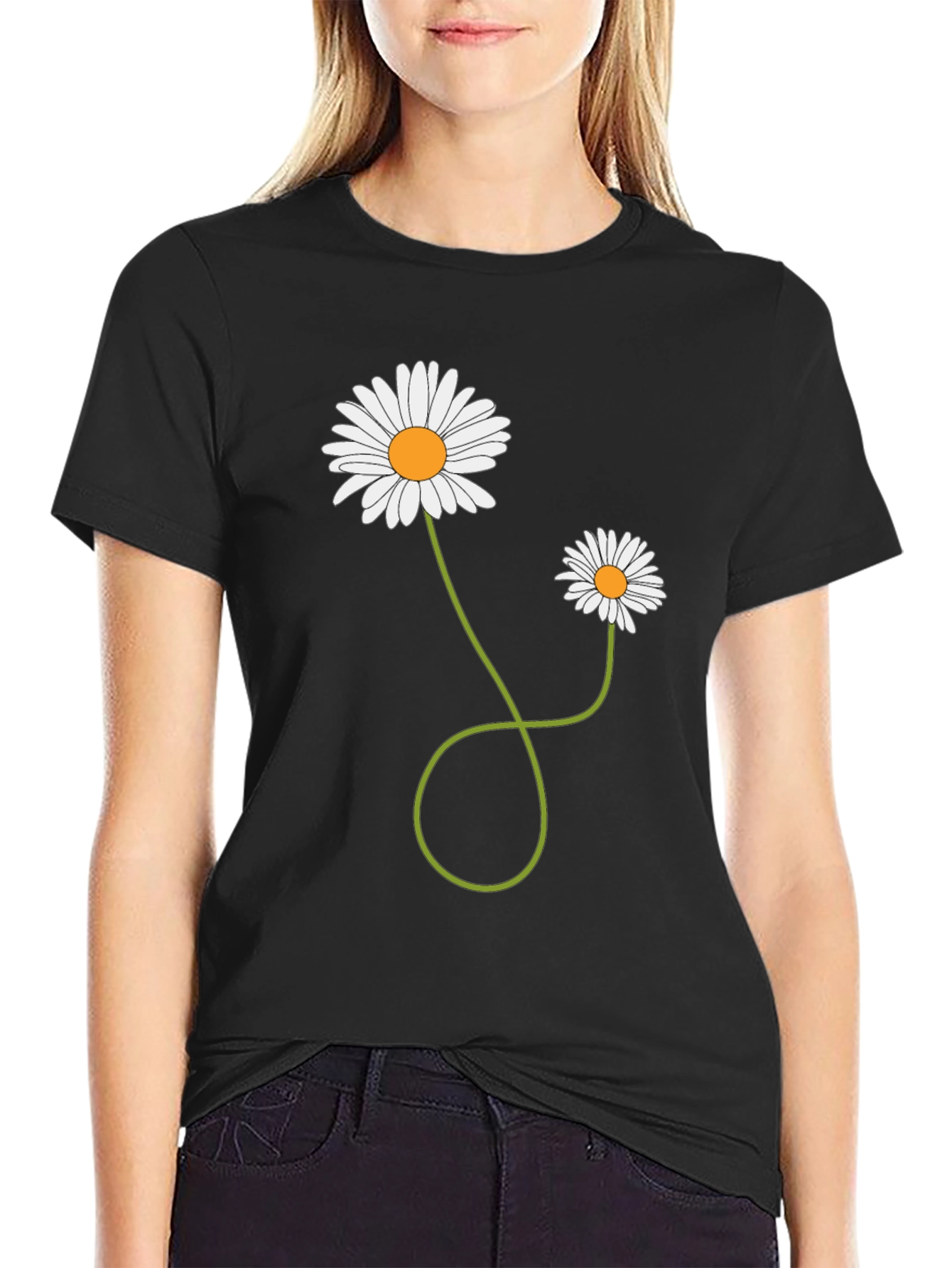 Daisies Graphic T-Shirt Black Cotton Casual Tee