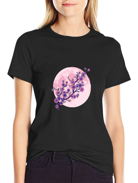 Floral Moon Graphic Tee - Black Cotton T-Shirt