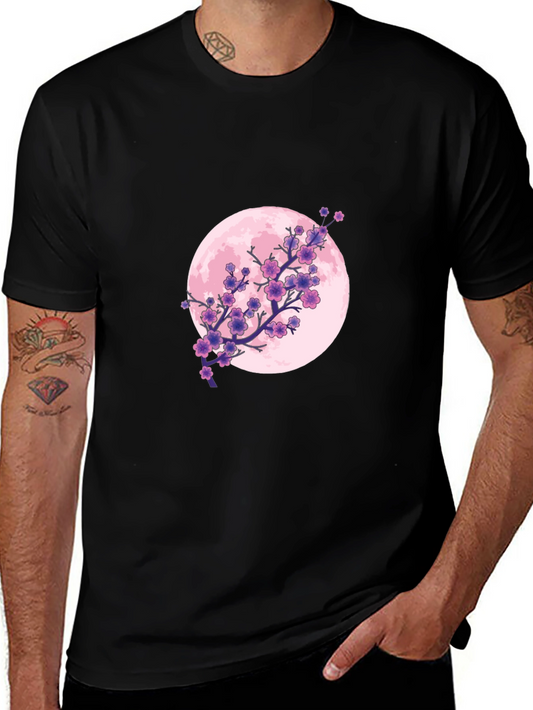 Floral Moon Graphic Tee - Black Cotton T-Shirt