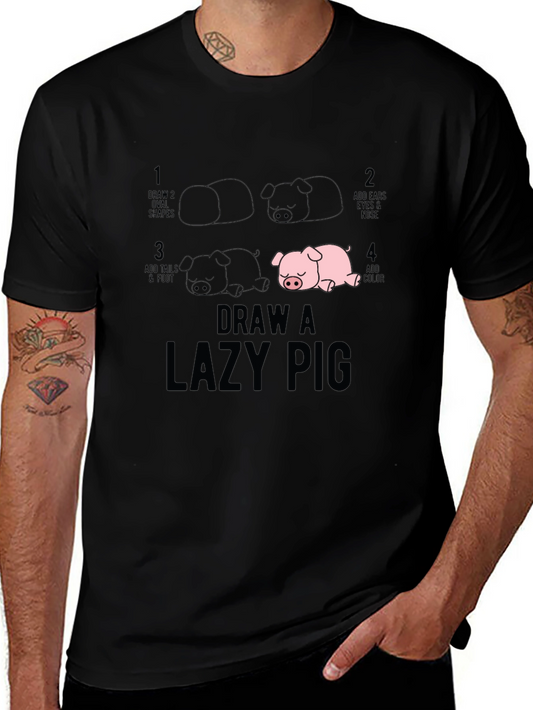 Draw a Lazy Pig T-Shirt - Black Cotton Tee