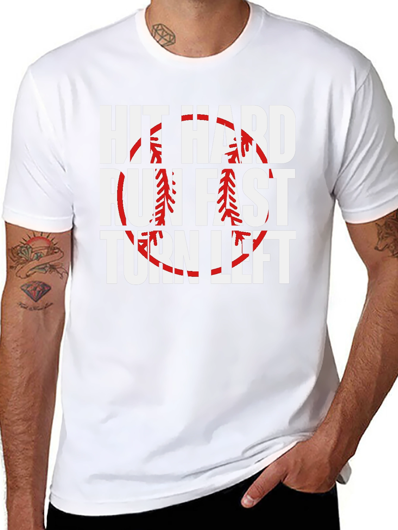 Hit Hard Run Fast Turn Left Baseball Graphic Tee