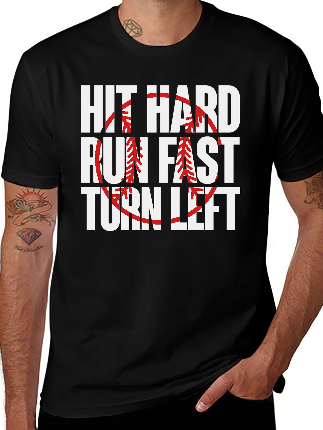 Hit Hard Run Fast Turn Left Baseball Graphic Tee