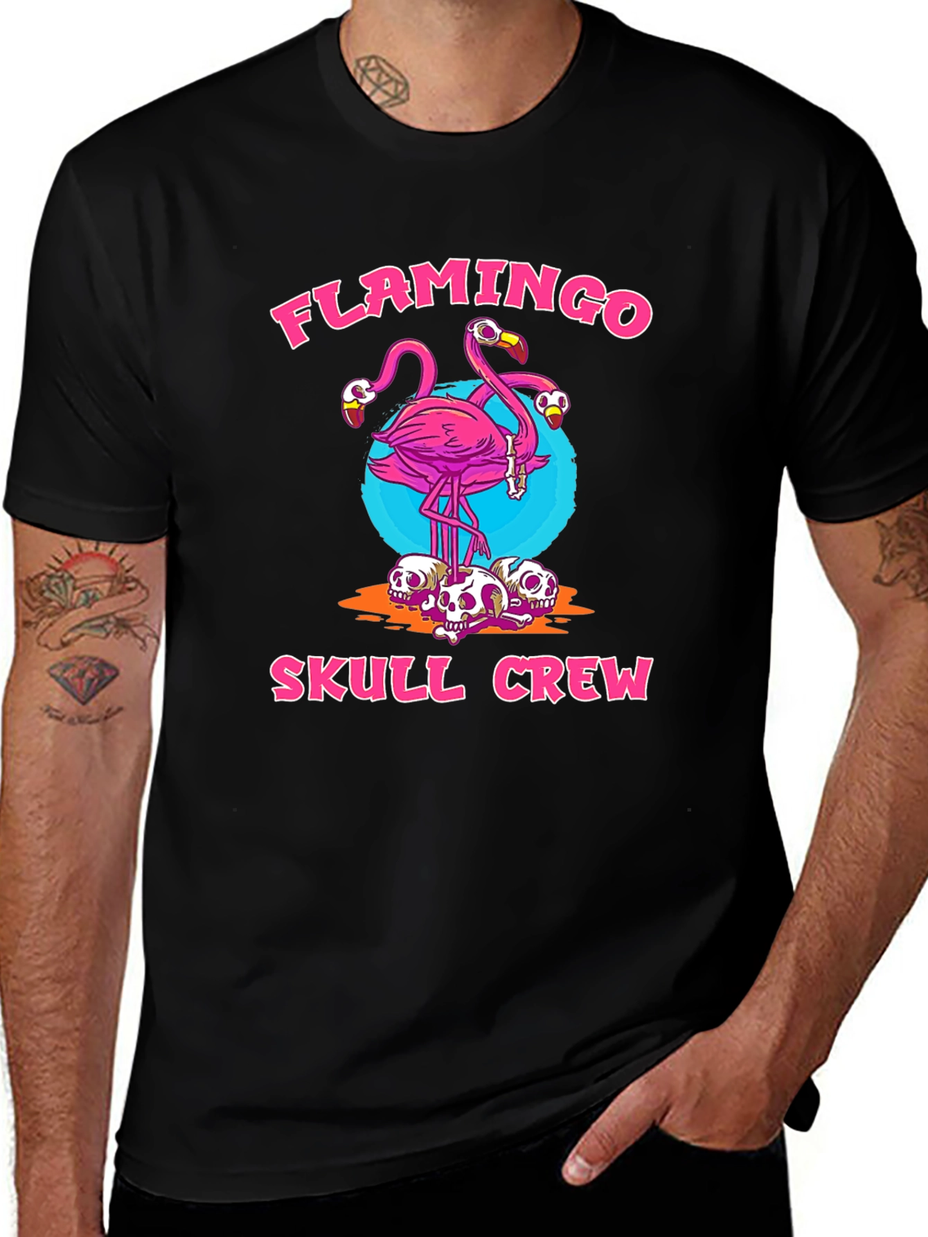 Flamingo Skull Crew Graphic Tee - Trendy & Unique
