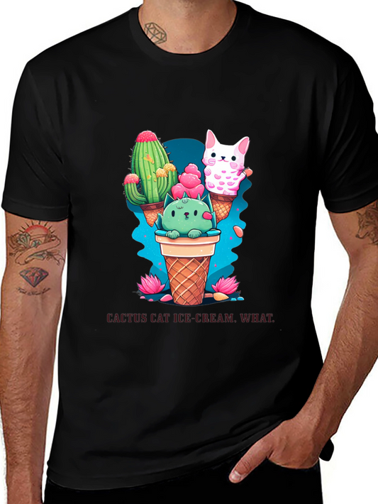 Cactus Cat Ice Cream Black T-Shirt