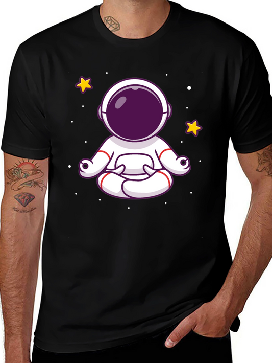 Meditating Astronaut Graphic Tee - Black Cotton Shirt