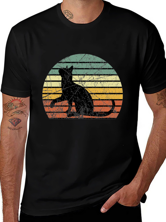 Vintage Cat Silhouette Graphic Tee - Black