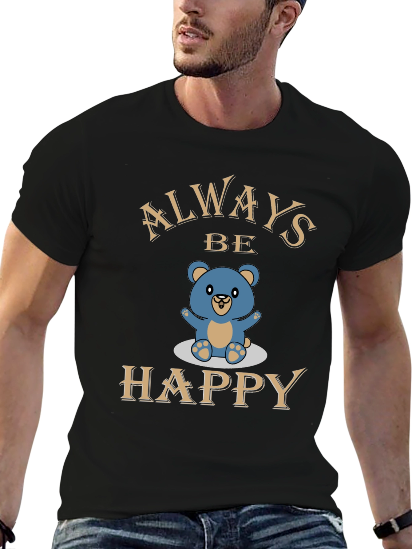 Always Be Happy Bear Graphic Tee - Black