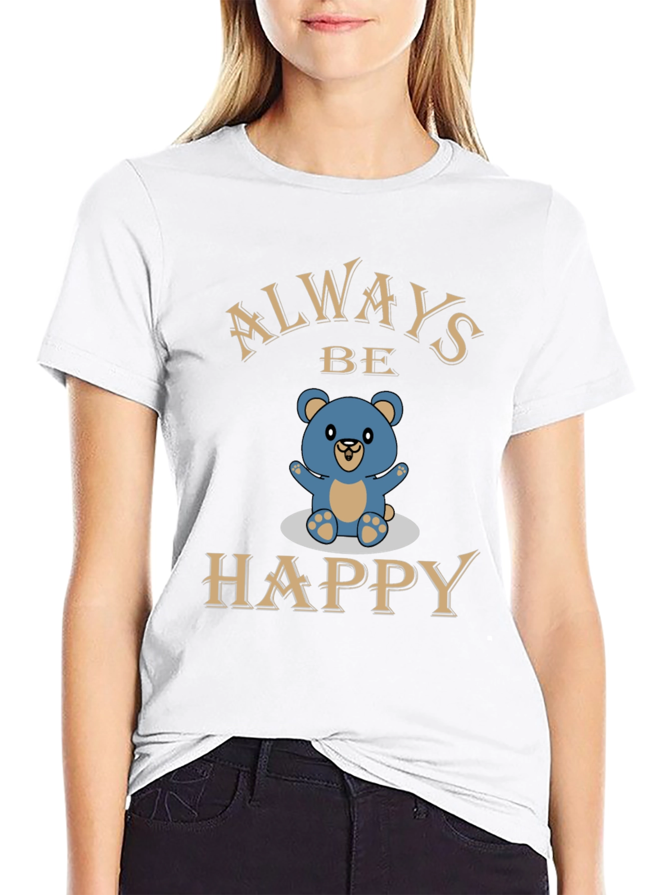 Always Be Happy Bear Graphic Tee - Black