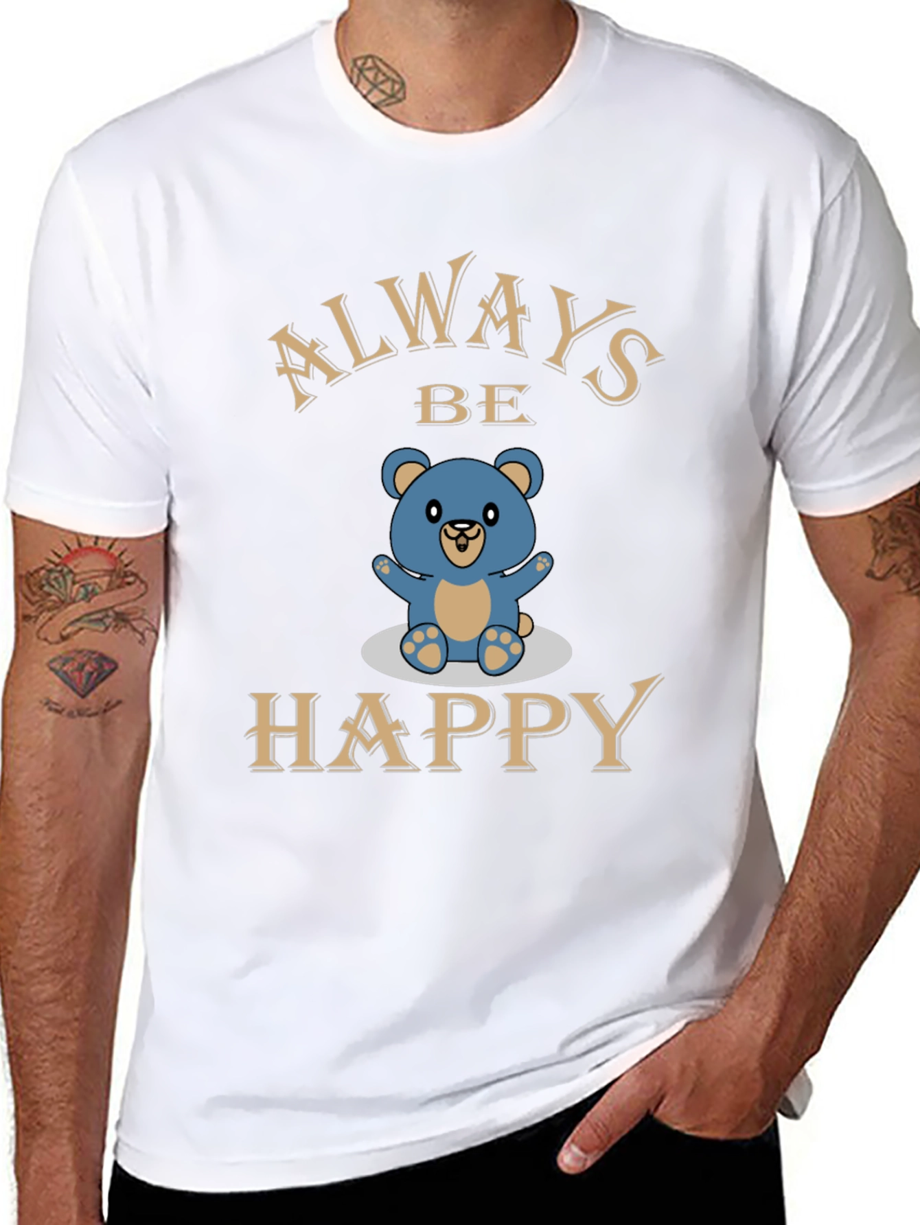 Always Be Happy Bear Graphic Tee - Black