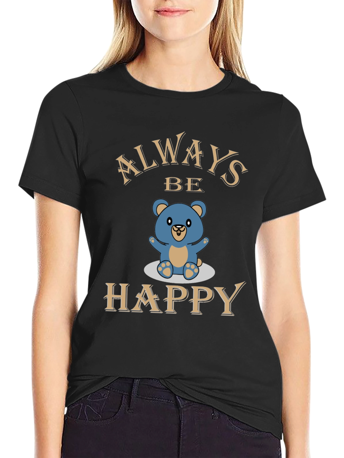 Always Be Happy Bear Graphic Tee - Black