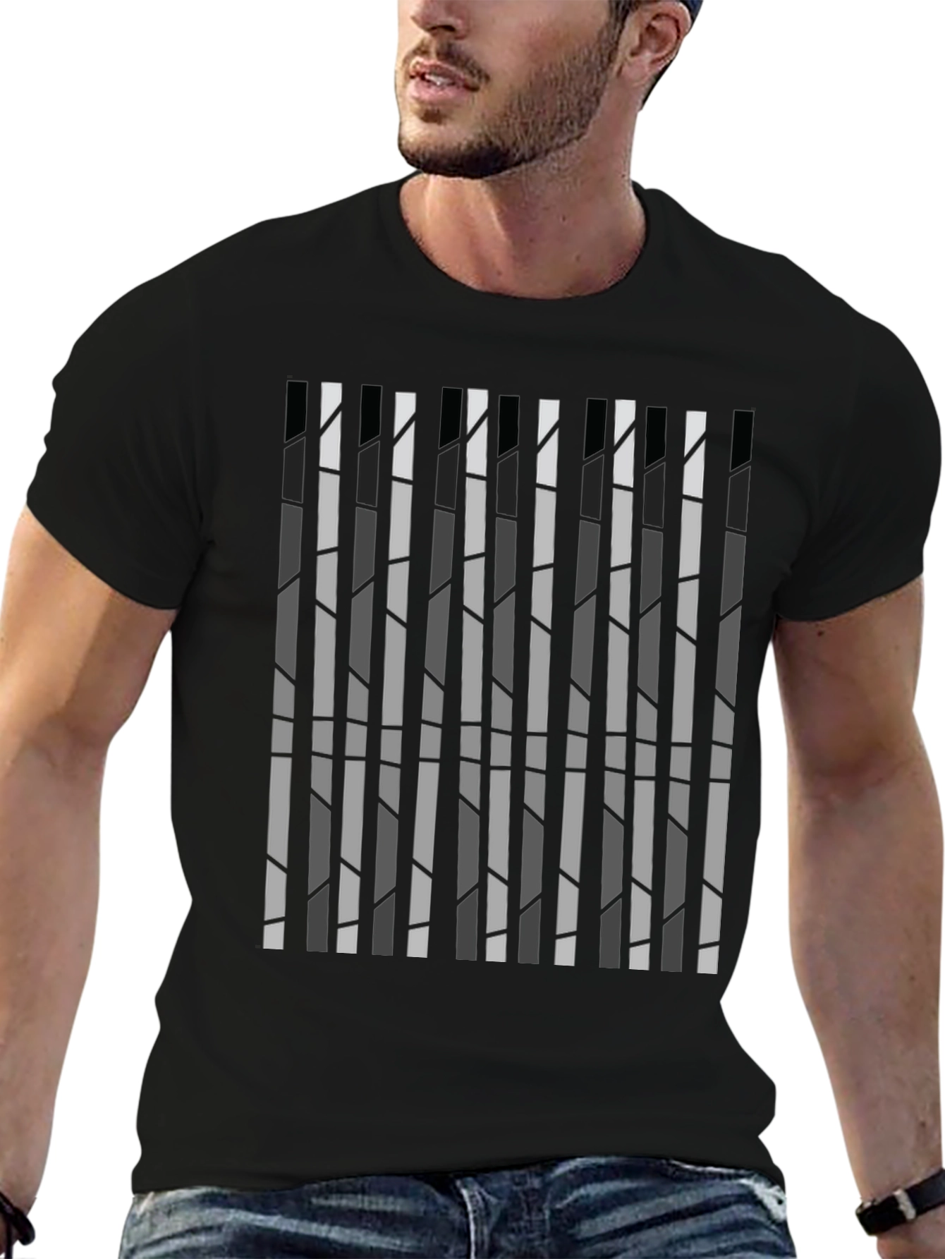 Modern Striped Graphic Tee - Sleek Black Cotton Shirt