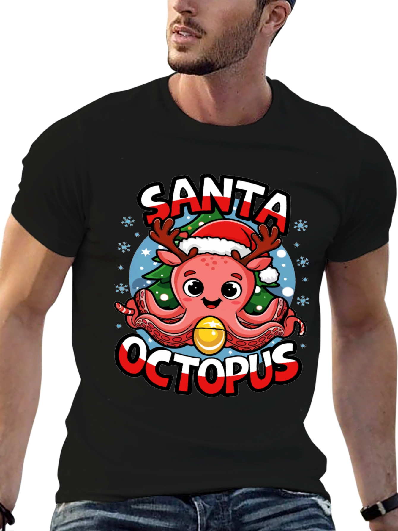 Santa Octopus Christmas Graphic T-Shirt