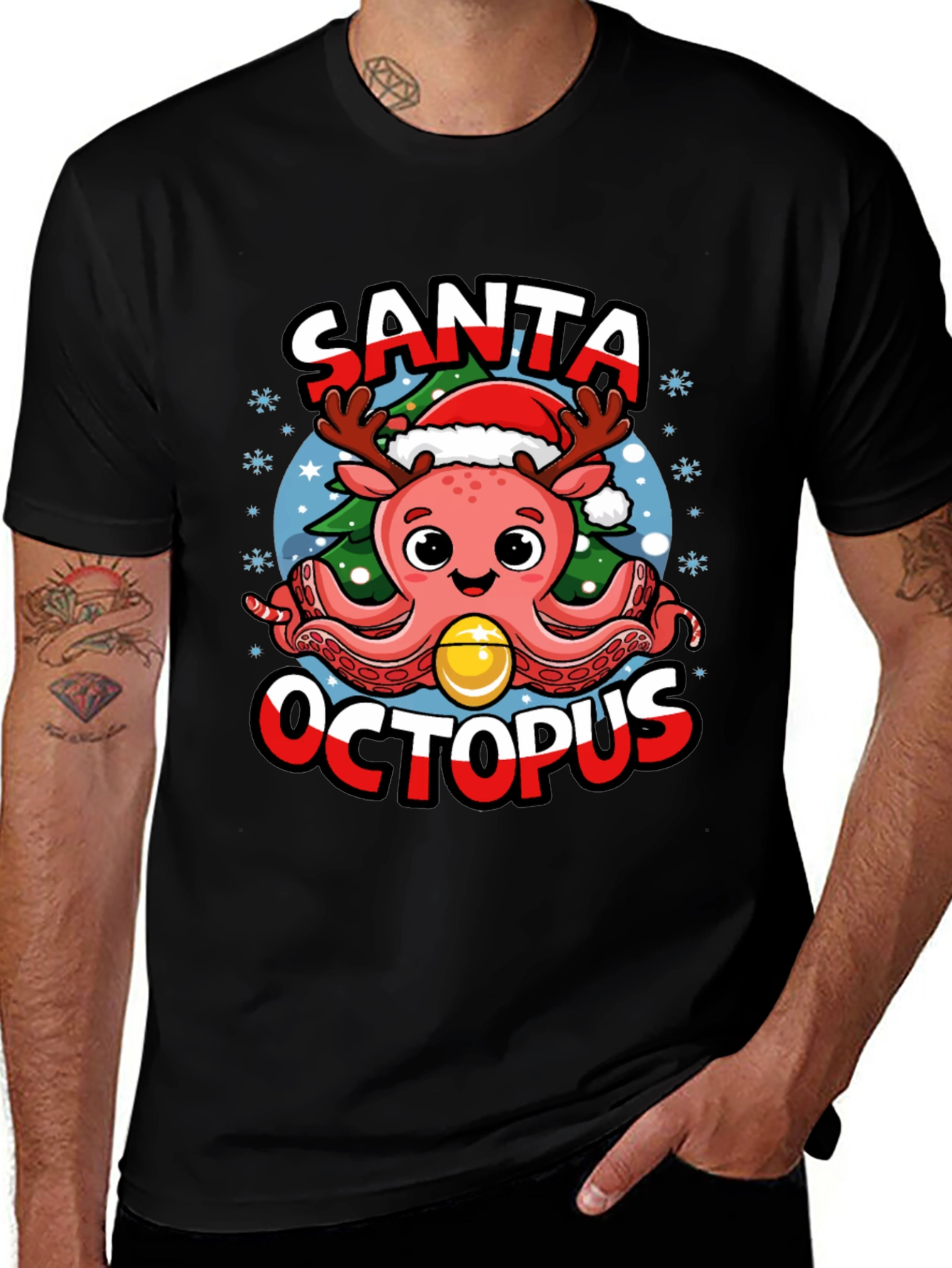 Santa Octopus Christmas Graphic T-Shirt