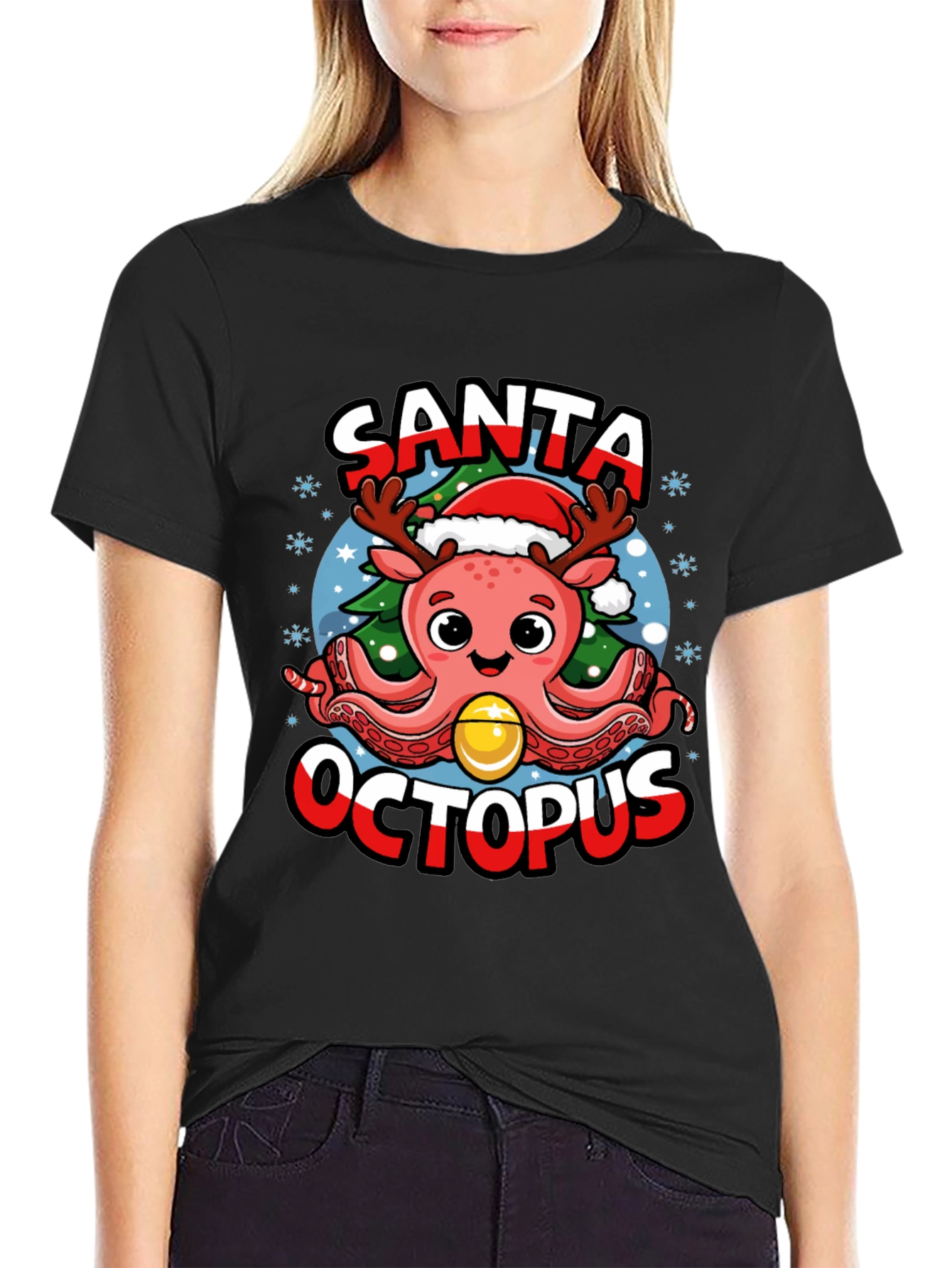 Santa Octopus Christmas Graphic T-Shirt