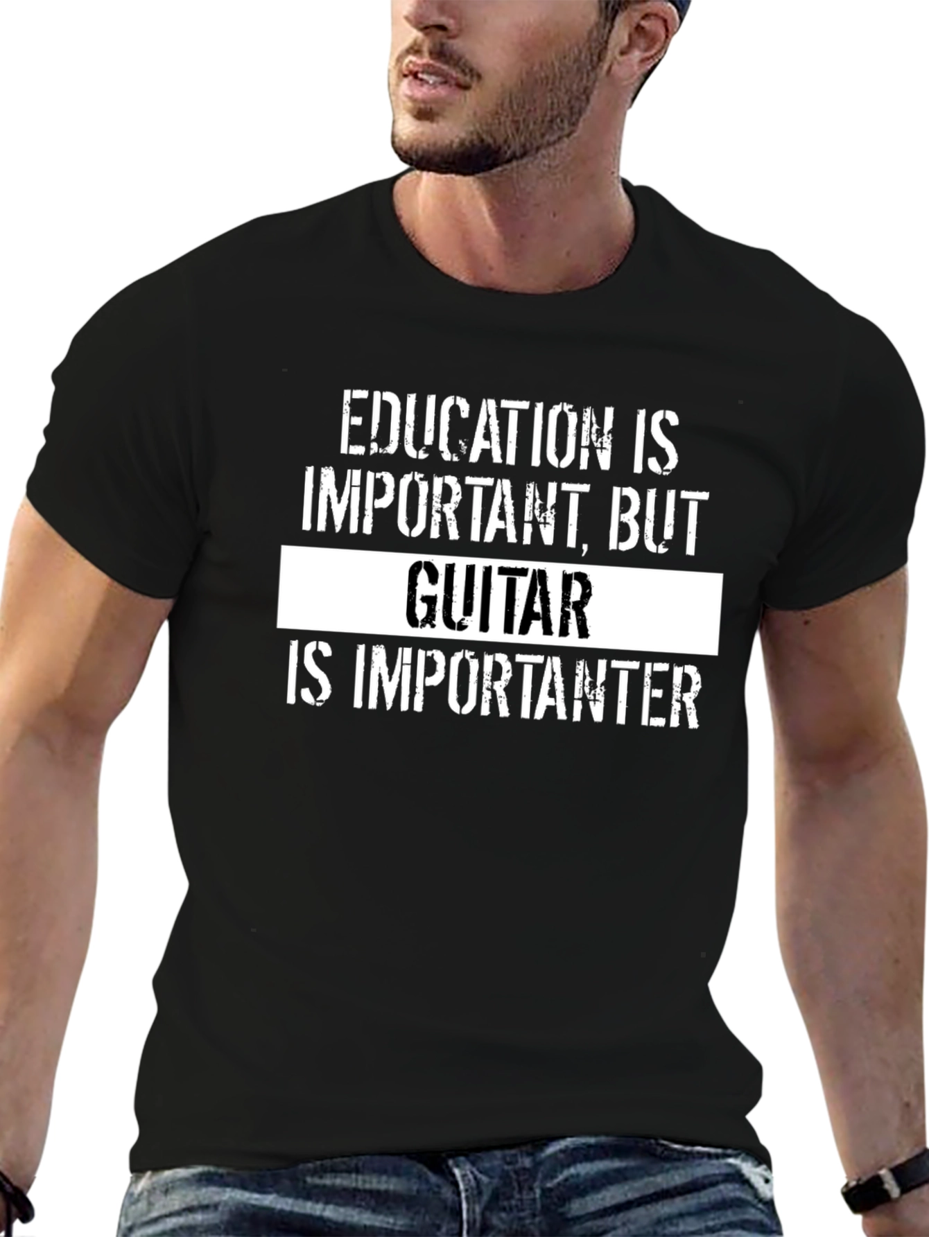 Funny Guitar Lover Black T-Shirt - Education vs. Guitar