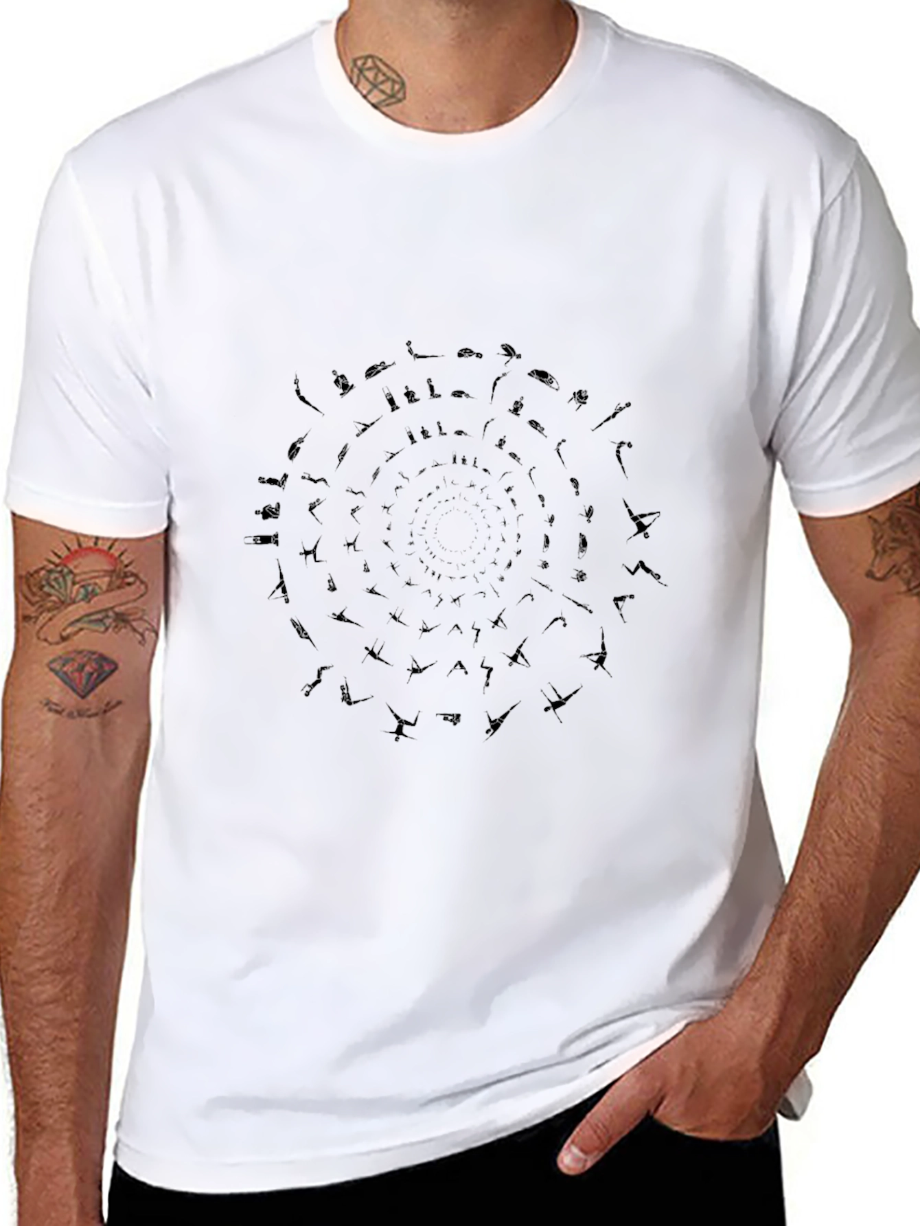 Mens Black Yoga Pose Spiral Graphic T-Shirt