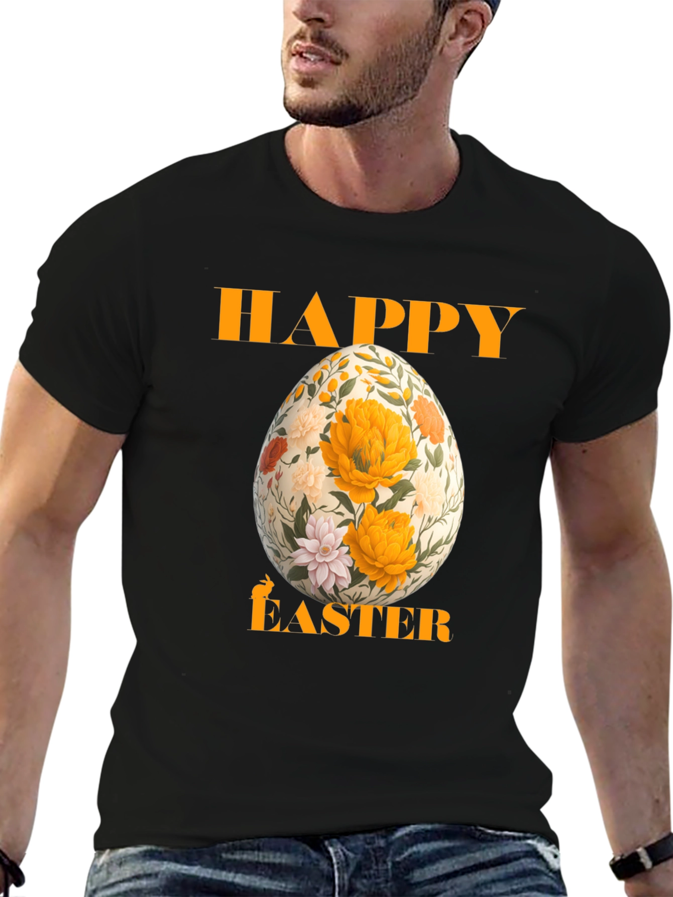 Happy Easter Floral Egg T-Shirt - Black