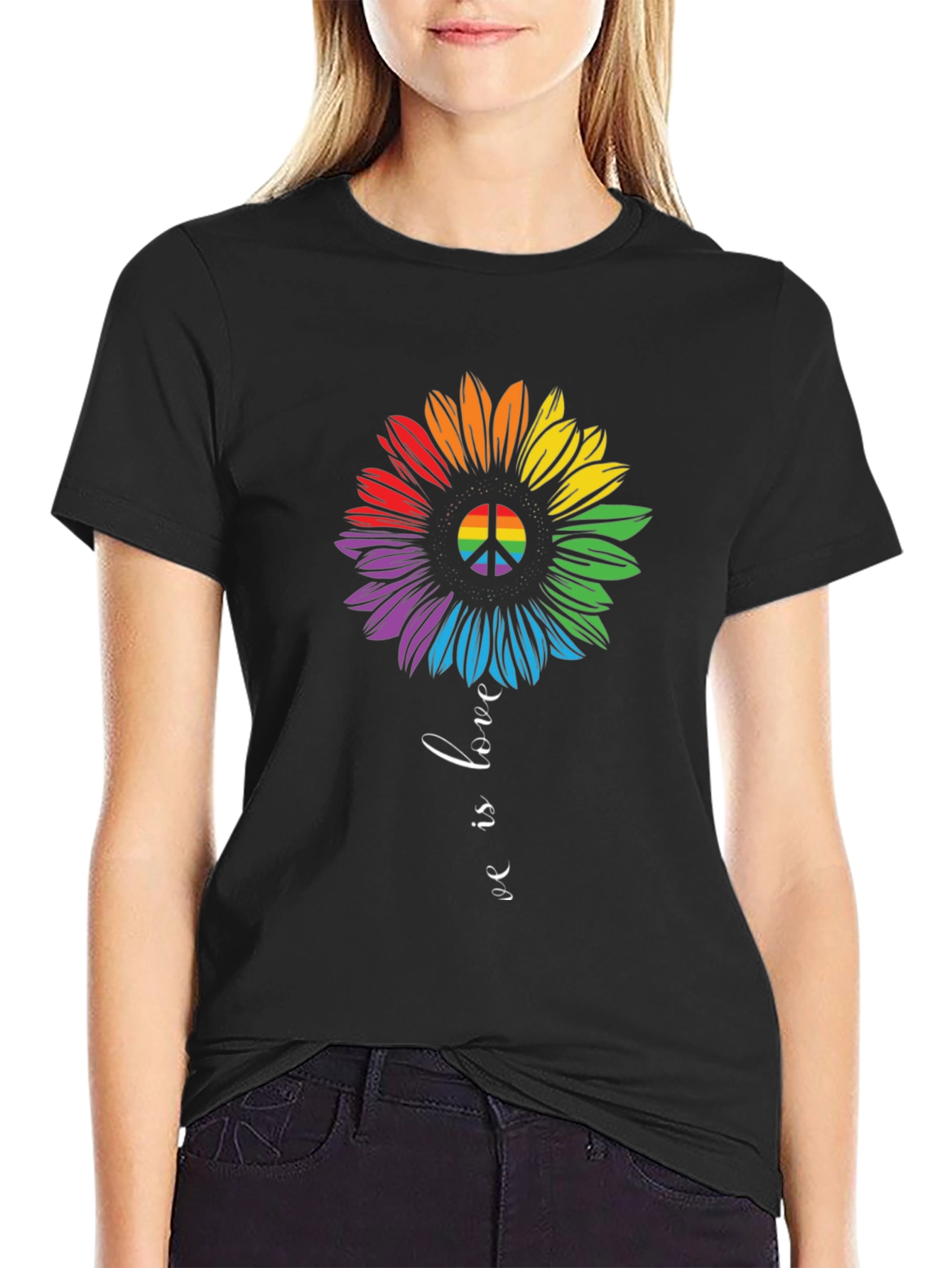 Rainbow Peace Sign Sunflower Graphic Tee