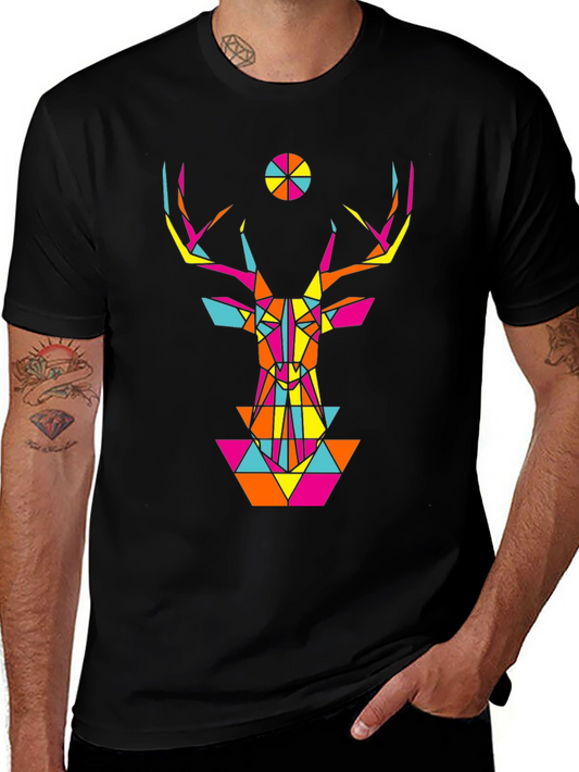 Geometric Deer Head Graphic Black T-Shirt