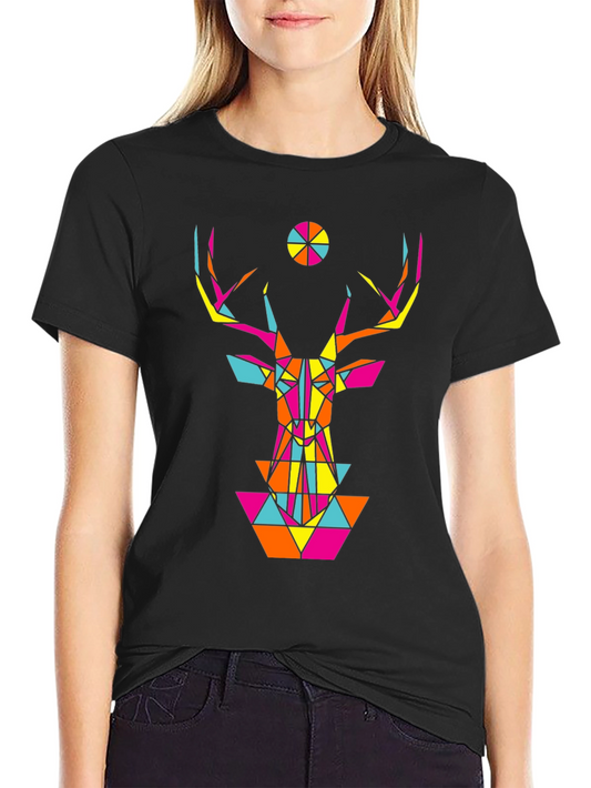 Geometric Deer Head Graphic Black T-Shirt