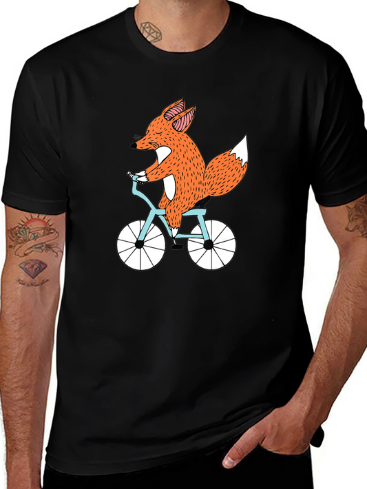 Fox on Bike Graphic Tee - Black Cotton T-Shirt