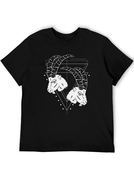 Geometric Ibex Head Graphic Tee - Black Cotton T-Shirt