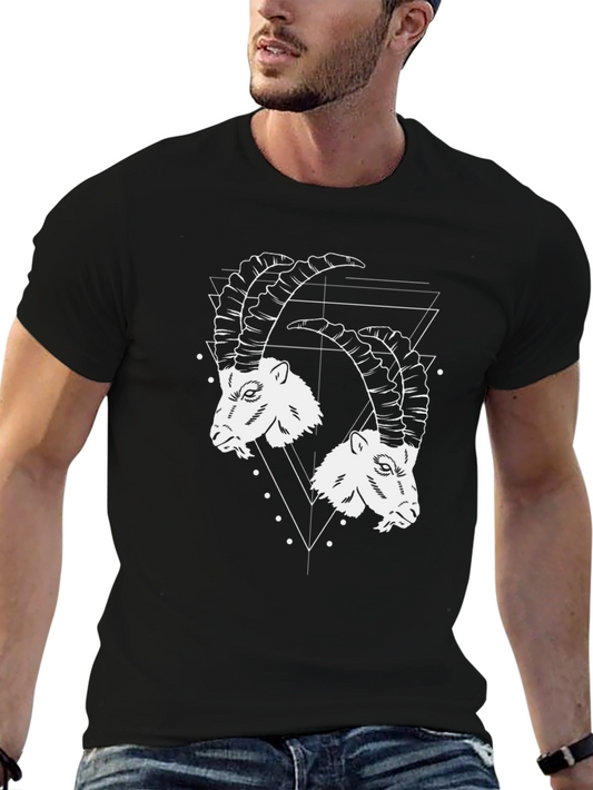 Geometric Ibex Head Graphic Tee - Black Cotton T-Shirt
