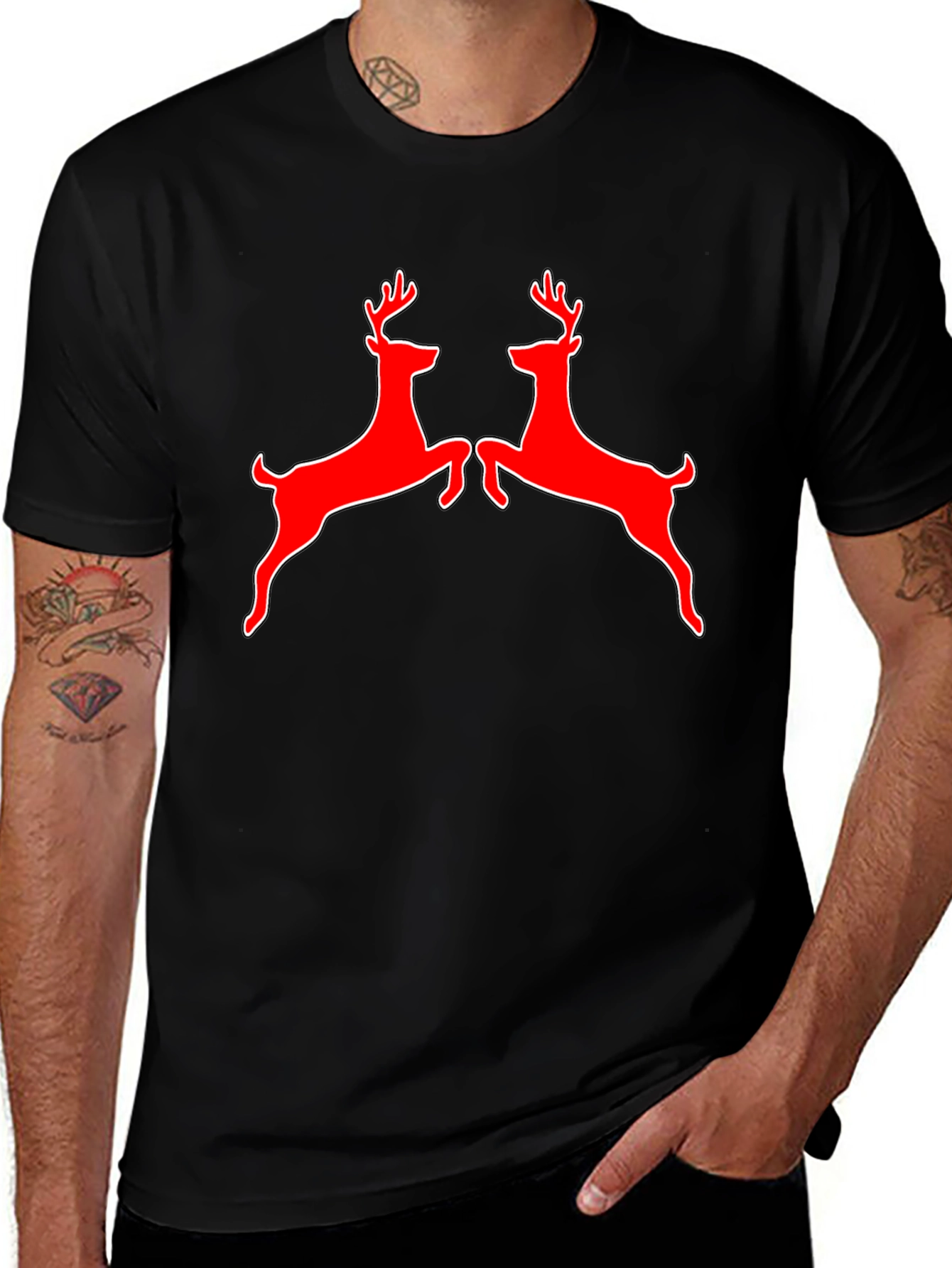 Red Deer Graphic Tee - Black Cotton Shirt