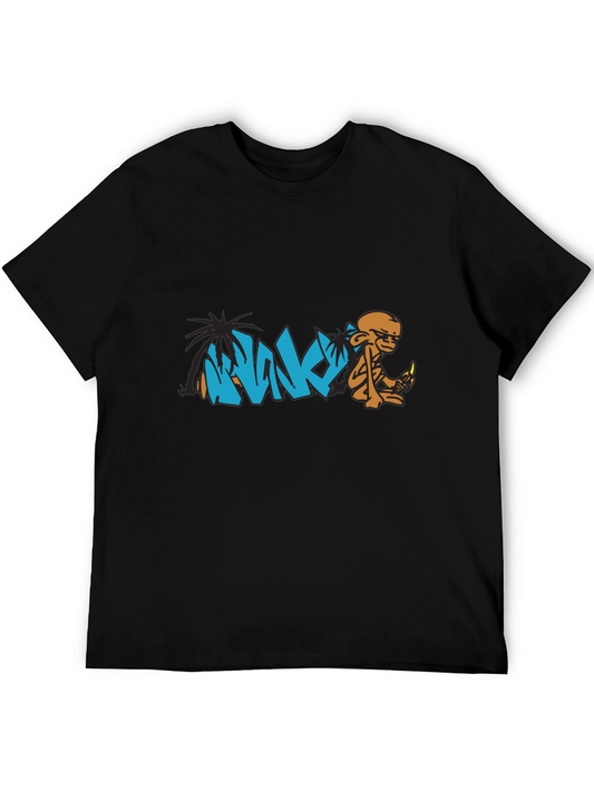 Graphic Tee: Monk & Palm Tree Cartoon Design