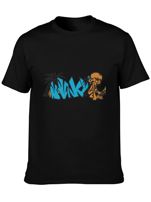 Graphic Tee: Monk & Palm Tree Cartoon Design