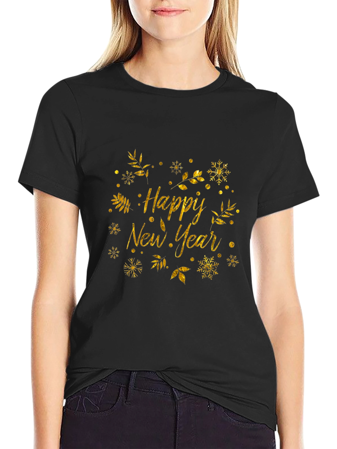 Happy New Year Black T-Shirt with Gold Festive Design