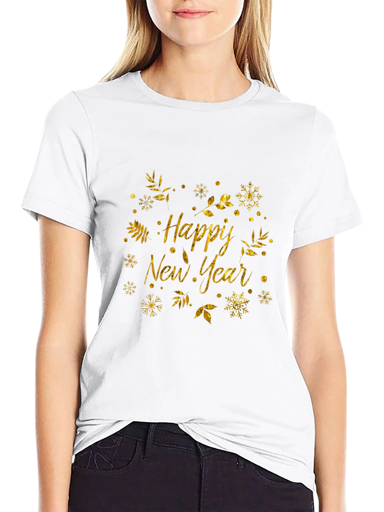 Happy New Year Black T-Shirt with Gold Festive Design